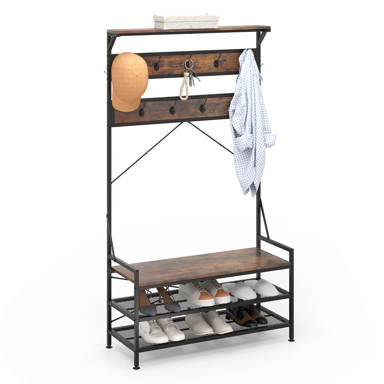 Costway Coat Rack 4-In-1 Hall Tree with 11 Hanging Hooks, Shoe Bench, 2-Tier Shoe Rack Gray/Brown